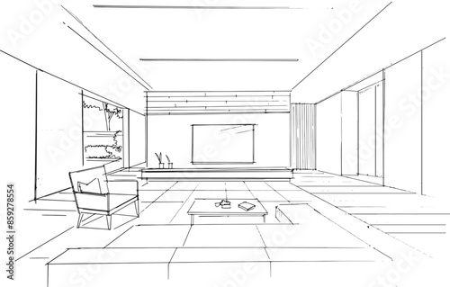 Drawing interior architectural lines. , Graphic assembly in interior design work. ,Sketch ideas for interior designs. © oselote