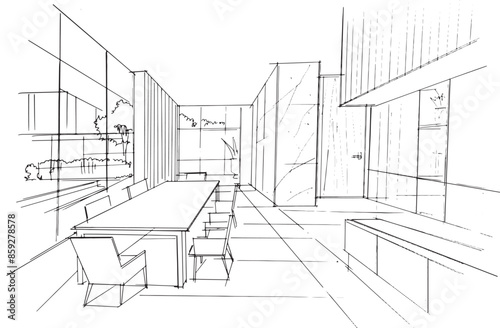 Line drawing of a dining room in a house. ,Drawing interior architectural lines. , Graphic assembly in interior design work. ,Sketch ideas for interior designs.