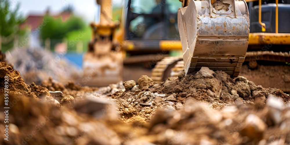 Naklejka premium Backhoes excavating soil for new building foundation at construction site. Concept Construction, Excavation, Backhoes, Building Foundation, Construction Site