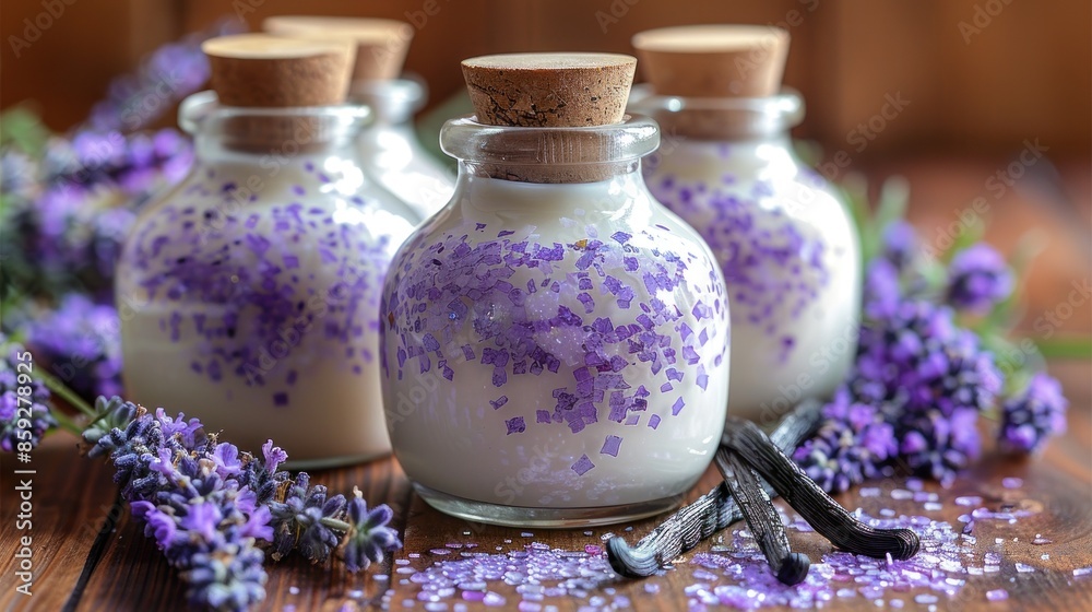 Glass jars filled with lavender and vanilla bath salts Glass jars filled with lavender and vanilla bath salts