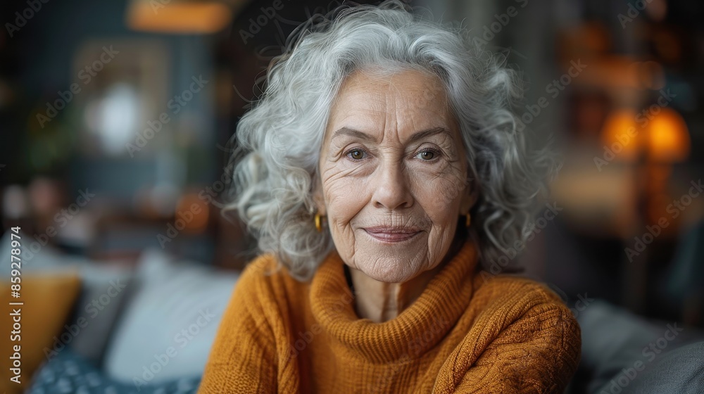 An elderly woman with white curly hair, wearing an orange sweater, sits comfortably indoors with a calm expression, showcasing warmth and contentment in autumn colors. An elderly woman with white curly hair, wearing an orange sweater, sits comfortably indoors with a calm expression, showcasing warmth and contentment in autumn colors.