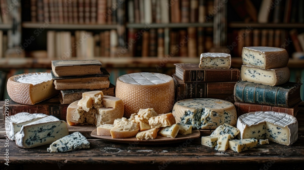 Cheeses on table with old books in background Cheeses on table with old books in background