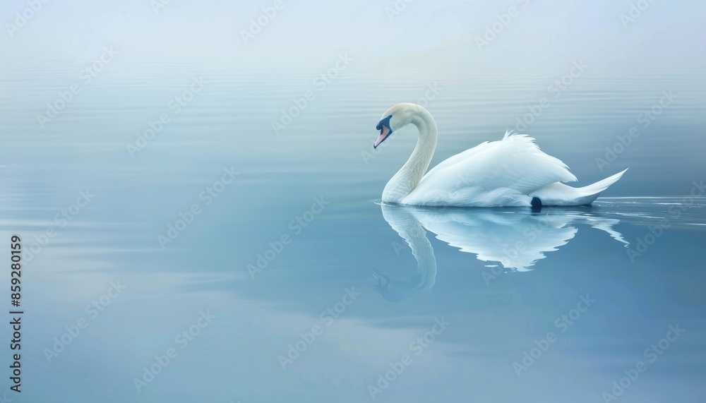 Elegant swan gracefully glides across serene, misty lake reflecting its pristine white feathers in the calm water. Elegant swan gracefully glides across serene, misty lake reflecting its pristine white feathers in the calm water.