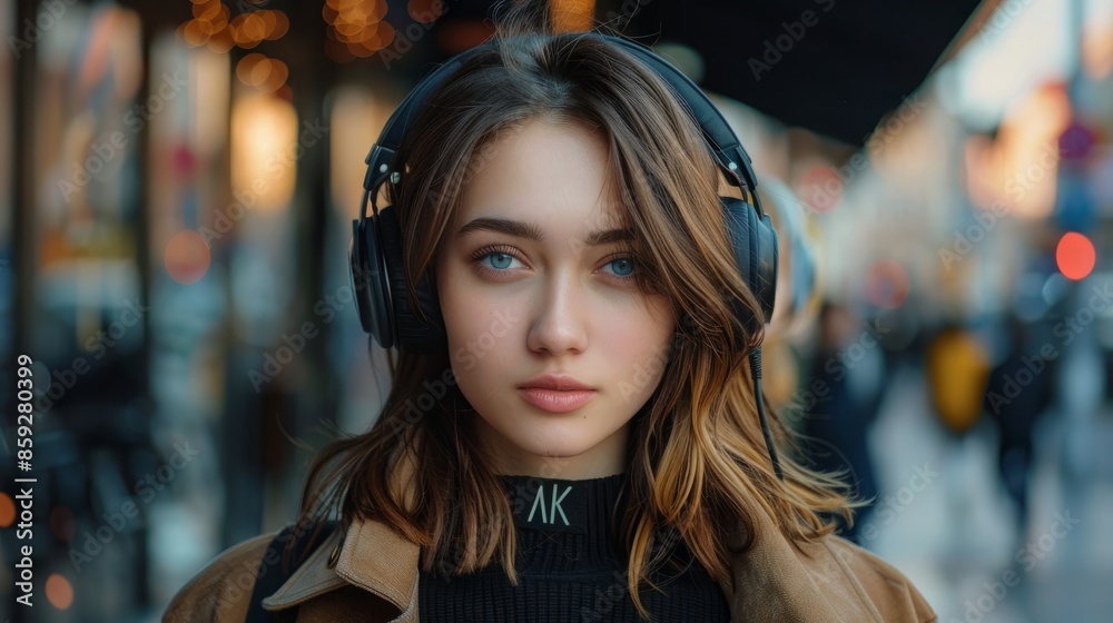 Make a realistic portrait of a beautiful woman listening to music Make a realistic portrait of a beautiful woman listening to music