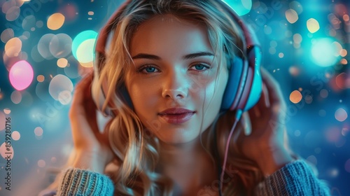 Make a realistic portrait of a beautiful woman listening to music
