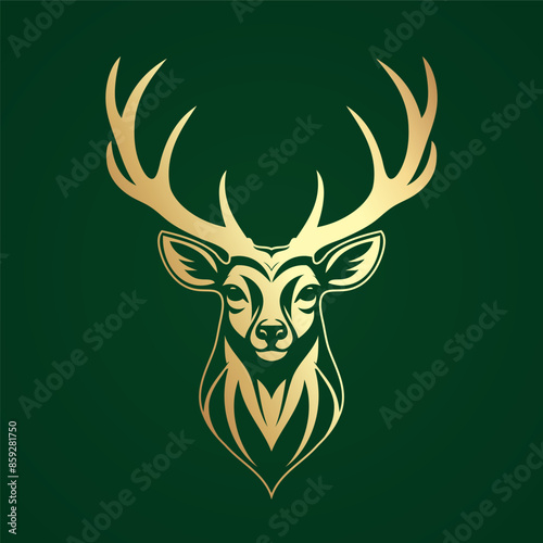 deer head gold logo on green background, hunting sign