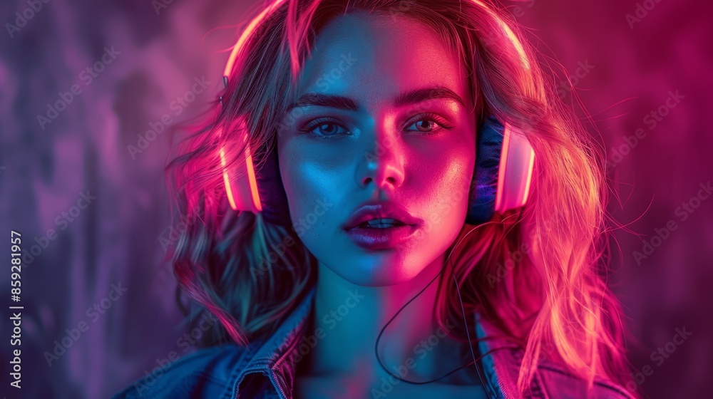 Make a realistic portrait of a beautiful woman listening to music Make a realistic portrait of a beautiful woman listening to music