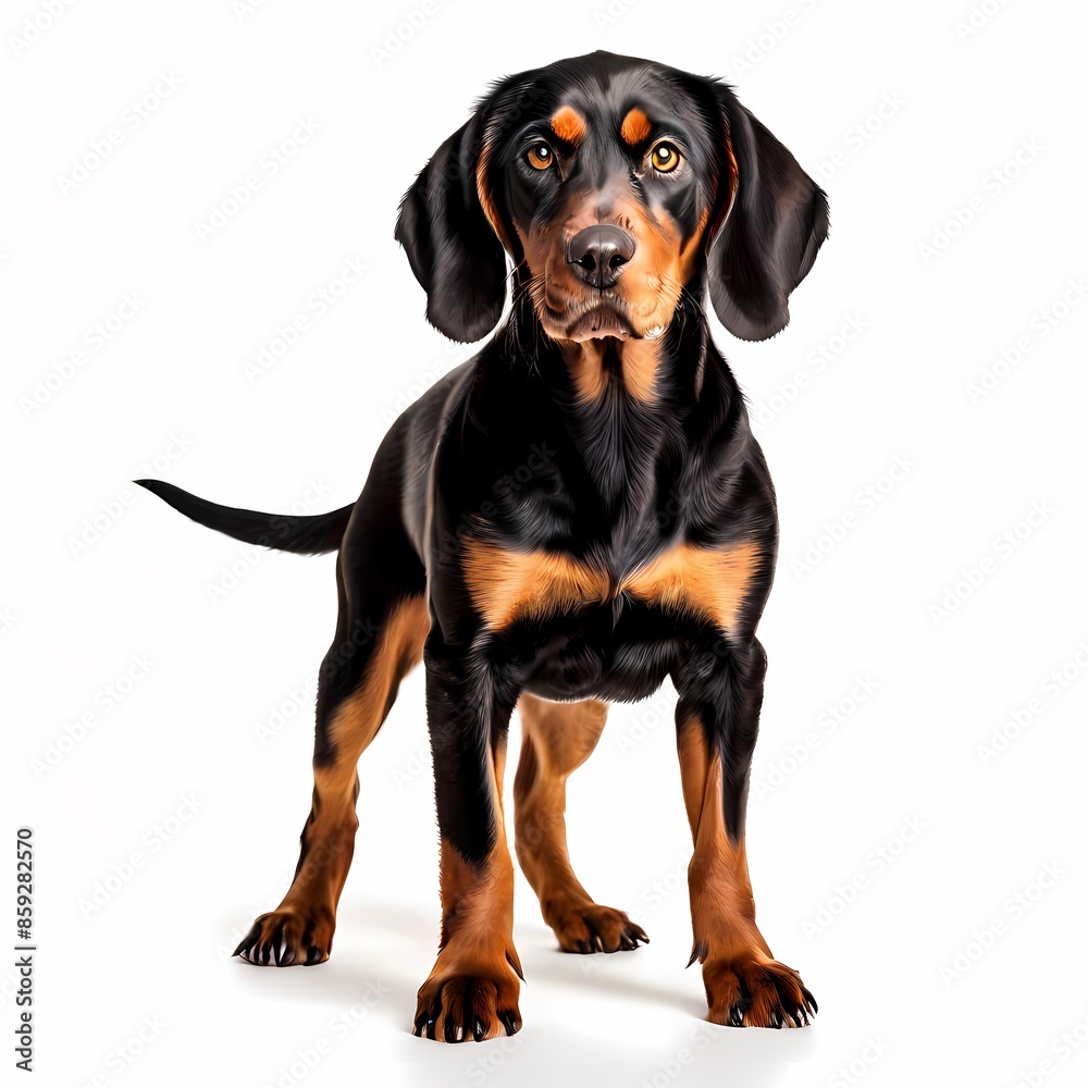 Black and tan coonhound dog breed standing against white background, AI Generated Black and tan coonhound dog breed standing against white background, AI Generated