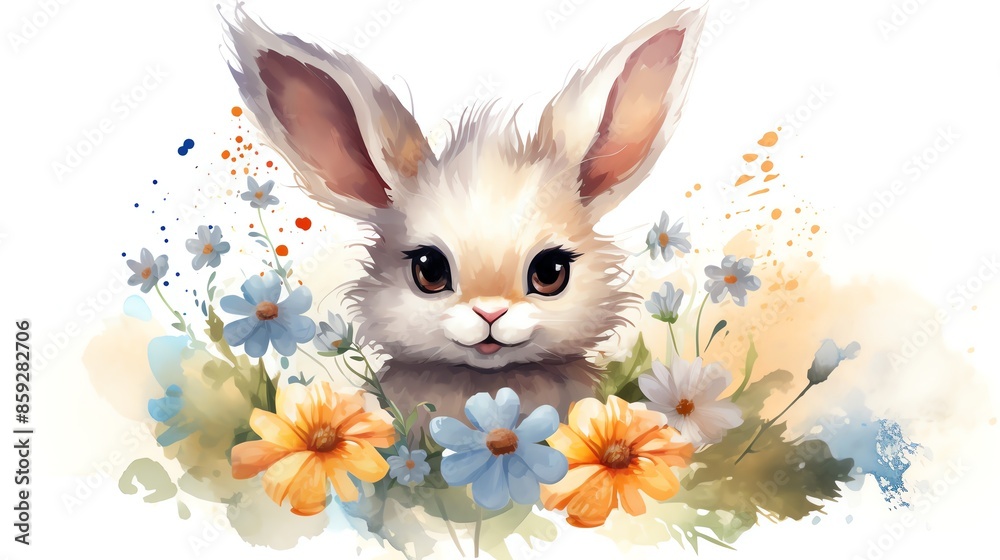 Cute watercolor illustration of a bunny rabbit in a field of flowers. Cute watercolor illustration of a bunny rabbit in a field of flowers.