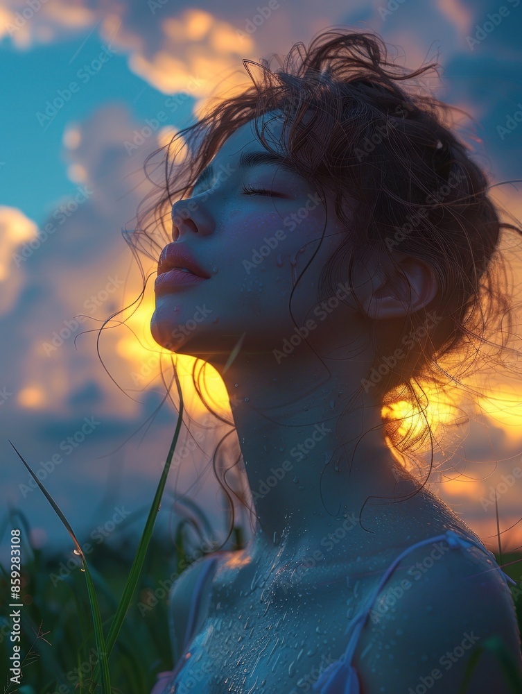 A young woman basks in the warm glow of the setting sun A young woman basks in the warm glow of the setting sun