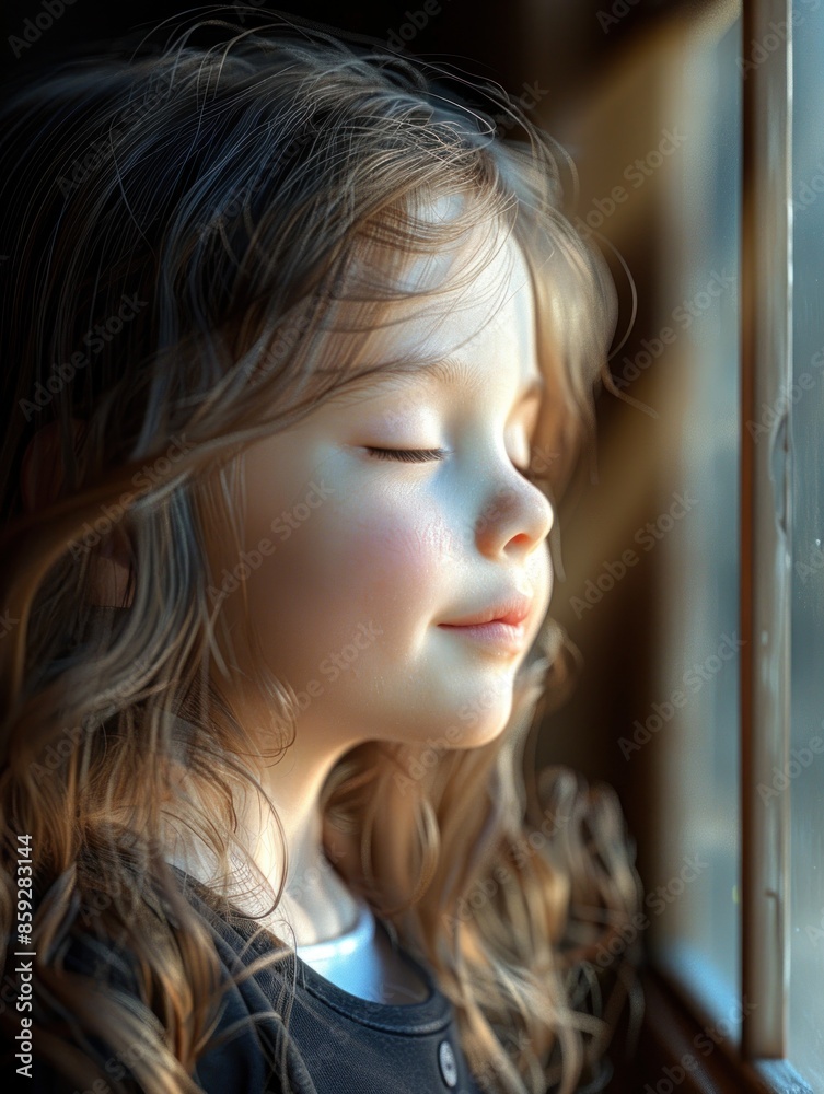A young girl with long, curly hair gazes out a window with her eyes closed A young girl with long, curly hair gazes out a window with her eyes closed