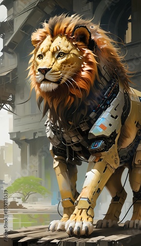 Majestic Mechanized Lion: A Detailed Water and Oil Painting photo