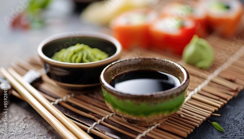 Japanese sushi served with wasabi and soy sauce in a traditional setting. Close-up view emphasizing vibrant and rich flavors. photo