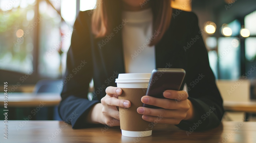 businesswoman using mobile phone in office with coffee on table businesswoman using mobile phone in office with coffee on table