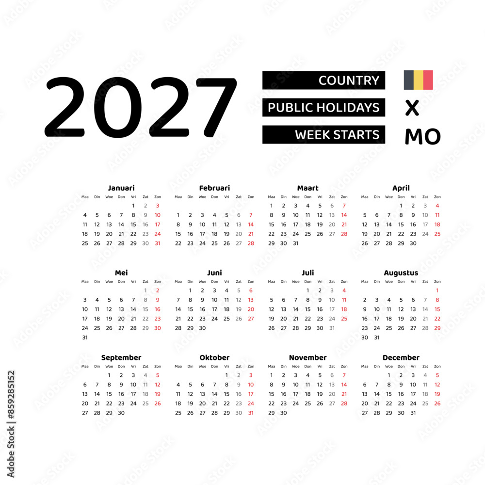 Calendar 2027 Dutch language with Belgium public holidays. Week starts from Monday. Graphic design vector illustration. Calendar 2027 Dutch language with Belgium public holidays. Week starts from Monday. Graphic design vector illustration.