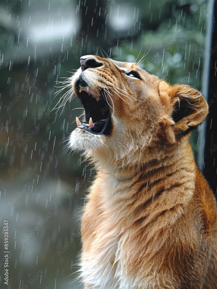 Fototapeta premium A lioness roars in the rain, with a dramatic backdrop of falling water