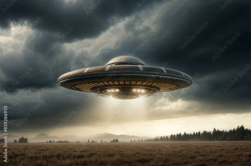 UFO hovering over field with dramatic sky UFO hovering over field with dramatic sky
