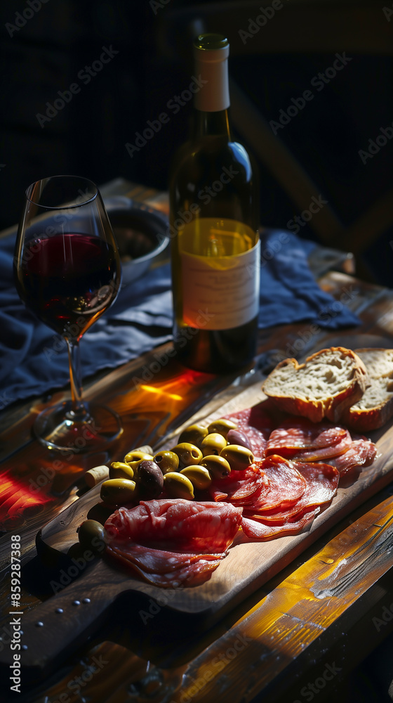 A table with a bottle of wine, a glass of wine, and a platter of food A table with a bottle of wine, a glass of wine, and a platter of food