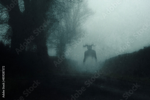 A supernatural demon, standing on a road. On a spooky foggy night in the countryside. With a grunge abstract edit.