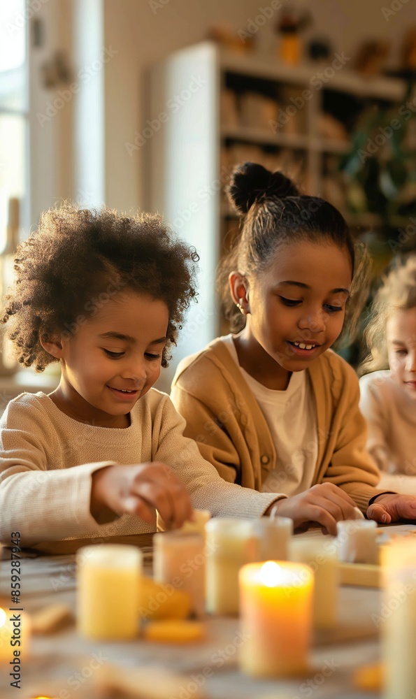 children playing with candles in cozy living room filled with soft natural light, warm atmosphere, and smiles children playing with candles in cozy living room filled with soft natural light, warm atmosphere, and smiles