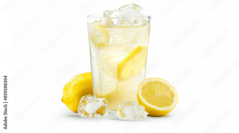 Cool and refreshing glass of lemonade with lemon and ice, on a white background.