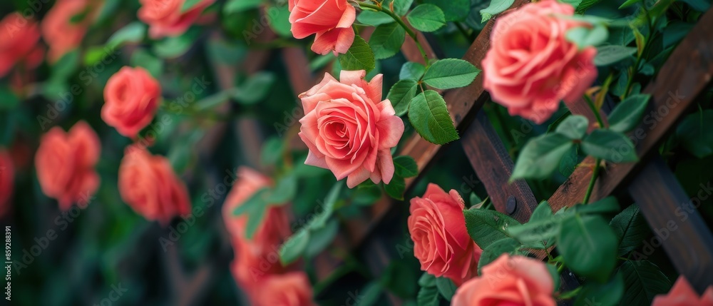 Vibrant red roses bloom against a wooden trellis, creating a beautiful and colorful garden scene with lush green leaves. Vibrant red roses bloom against a wooden trellis, creating a beautiful and colorful garden scene with lush green leaves.
