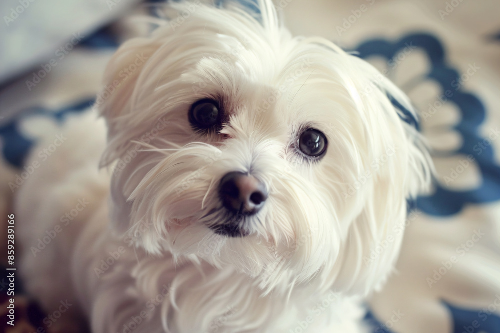 a white dog sitting on a bed with a blue and white blanket