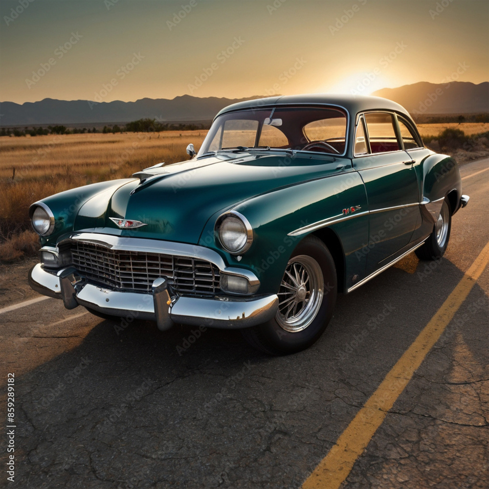 Fototapeta premium Classic car, vintage style, shiny paint, open road, 2k resolution --ar 3:2, Generative AI, A classic car with vintage style and shiny paint.