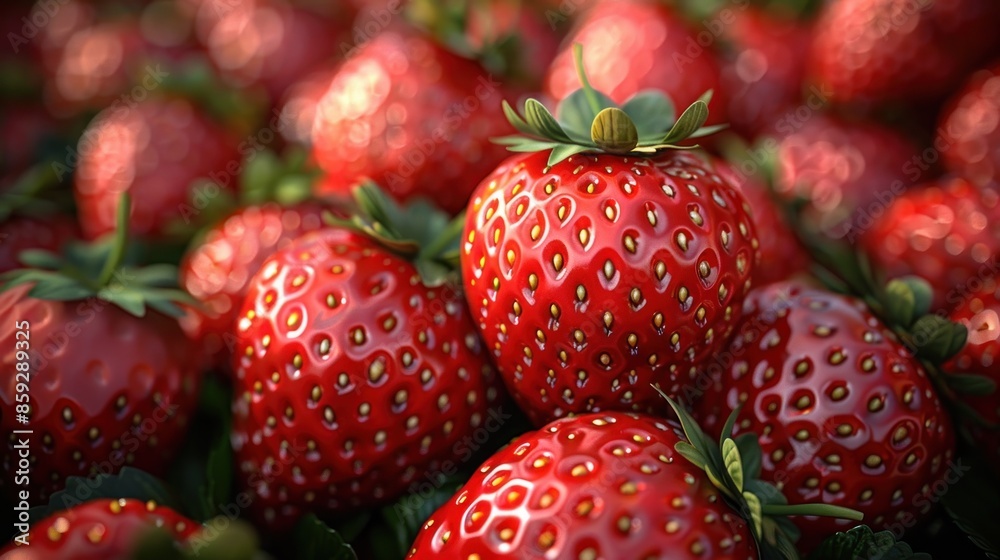 A macro shot of plump, red strawberries bathed in sunlight A macro shot of plump, red strawberries bathed in sunlight