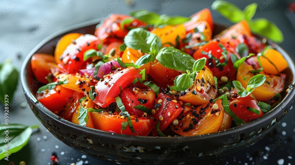 A vibrant and appetizing salad bowl featuring a mix of red and yellow tomatoes, fresh basil leaves, and sprinkled with cracked black pepper and seeds on top. A vibrant and appetizing salad bowl featuring a mix of red and yellow tomatoes, fresh basil leaves, and sprinkled with cracked black pepper and seeds on top.
