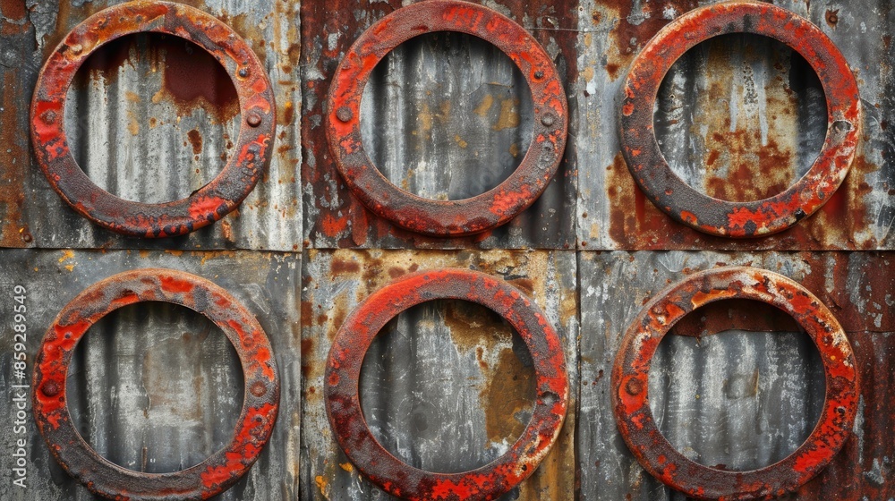Background with copy space featuring corrugated iron drum with six rusty red rings Background with copy space featuring corrugated iron drum with six rusty red rings