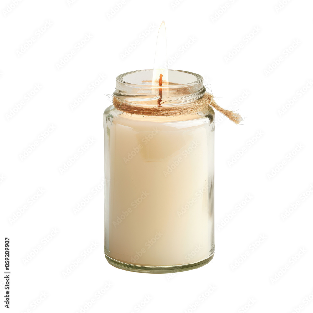 A single candle burns brightly in a clear glass jar, tied with twine. The flame casts a warm glow. isolated on a white background A single candle burns brightly in a clear glass jar, tied with twine. The flame casts a warm glow. isolated on a white background