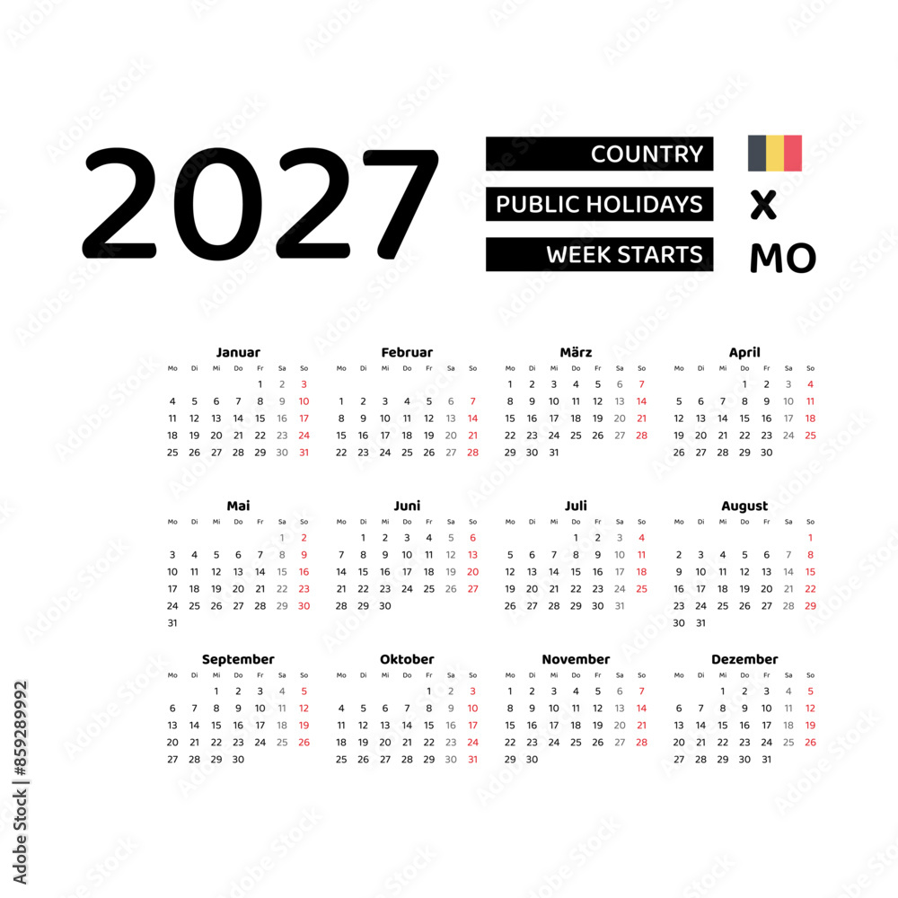 Calendar 2027 German language with Belgium public holidays. Week starts from Monday. Graphic design vector illustration. Calendar 2027 German language with Belgium public holidays. Week starts from Monday. Graphic design vector illustration.