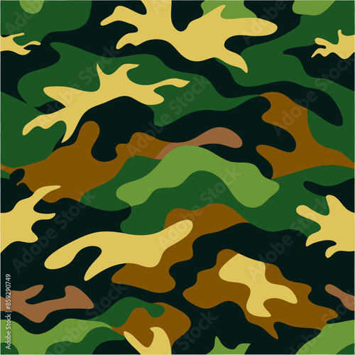 Seamless Military Camouflage Pattern in Green, Brown, and Tan Tones for Backgrounds and Textiles