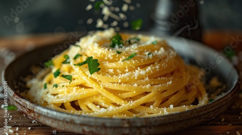 Freshly cooked spaghetti topped with Parmesan cheese and parsley