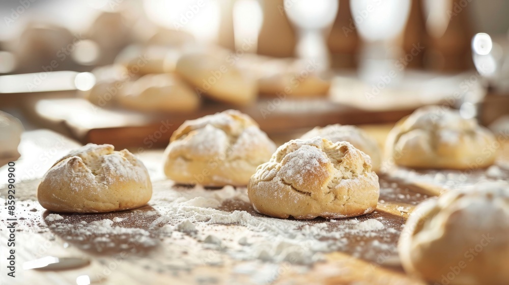 dough for biscuits and pies on the table with flour, baking process, bakery preparation ai generated