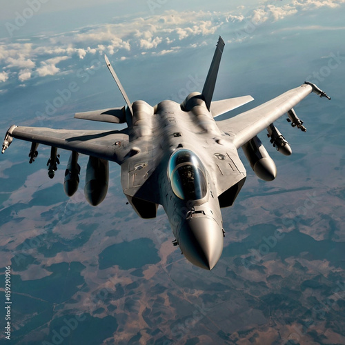 Military aircraft, stealthy design, advanced technology, aerial combat, realistic, 1080p --ar 4:3, Generative AI, A realistic image of a military aircraft with stealthy design and advanced technology.