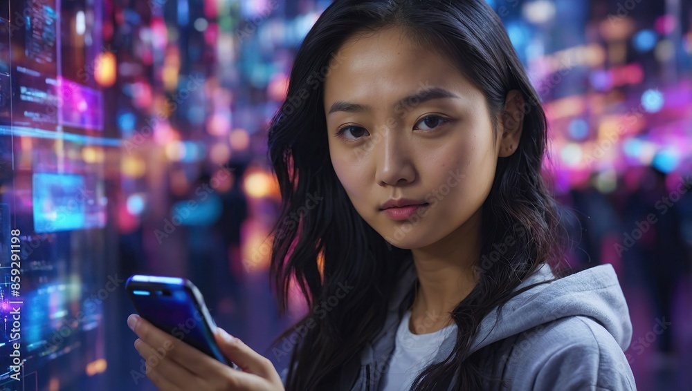 Staying up to date with technology in a fast moving world, concept. A young asian woman is using an innovative future technology to view her phone data and functions in holographic display around Staying up to date with technology in a fast moving world, concept. A young asian woman is using an innovative future technology to view her phone data and functions in holographic display around