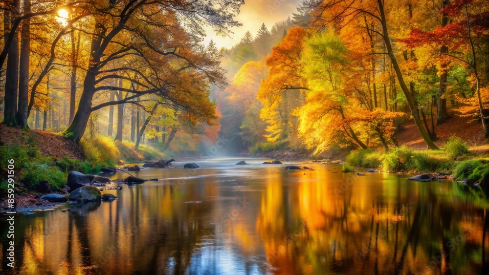 Vibrant autumn forest surrounded by misty atmosphere, serene river flowing gently, warm golden light of early morning, peaceful solitude. Vibrant autumn forest surrounded by misty atmosphere, serene river flowing gently, warm golden light of early morning, peaceful solitude.