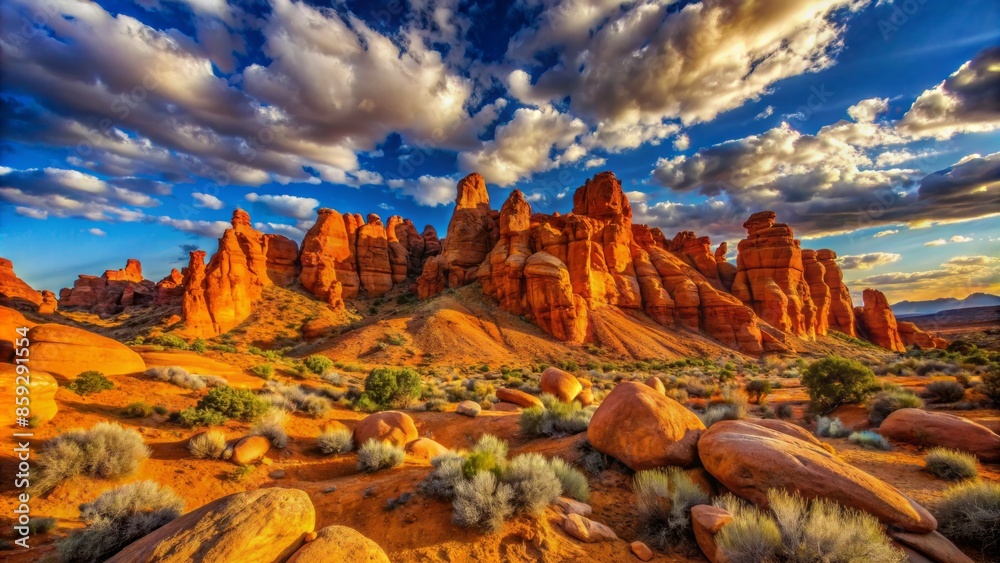 Obraz premium Vibrant orange rocky outcrops contrast with serene blue skies in a majestic seamless desert landscape background, devoid of human presence.