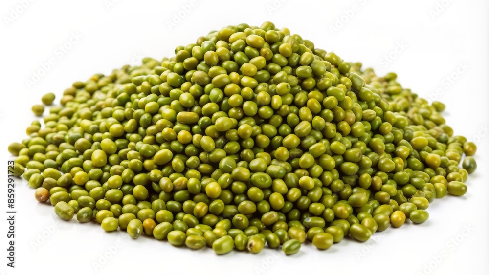 Fresh heap of vibrant green mung beans scattered haphazardly on a pristine white background, showcasing their natural texture and color. Fresh heap of vibrant green mung beans scattered haphazardly on a pristine white background, showcasing their natural texture and color.