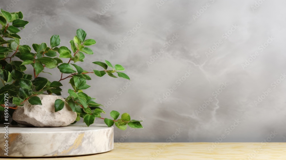 White marble podium mockup on green pedestal with plant, 3d product presentation background White marble podium mockup on green pedestal with plant, 3d product presentation background