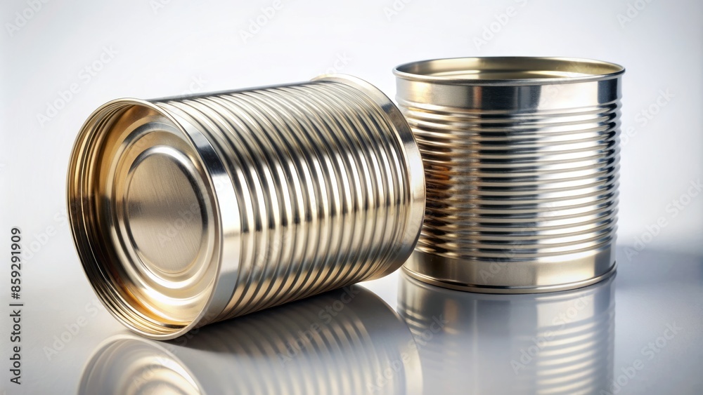 Illuminated empty open tin can with rolled edge and creased metal on a crisp clean white isolated studio background. Illuminated empty open tin can with rolled edge and creased metal on a crisp clean white isolated studio background.