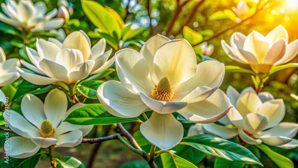 Obraz premium Large, showy, creamy white magnolia blooms unfurl against a vibrant green leafy background, exuding elegance and serenity in a tranquil atmosphere.