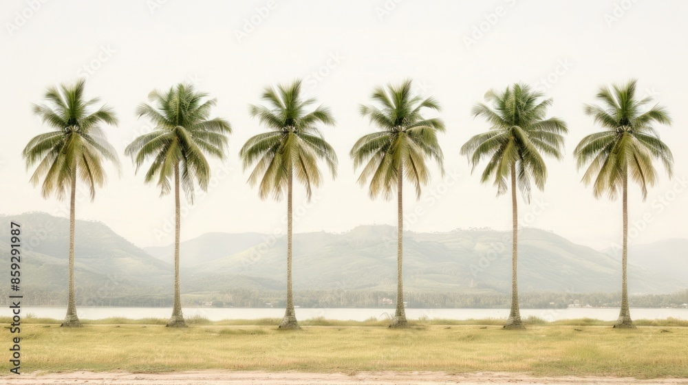 Seven palm trees in a row on sandy beach Seven palm trees in a row on sandy beach