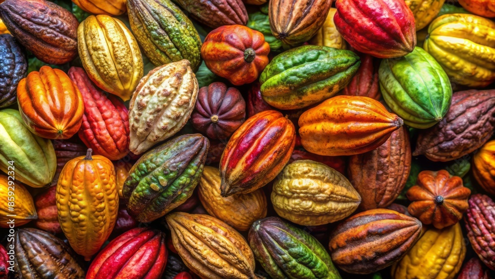Vibrant fresh cacao pods in varying sizes and colors, showcasing criollo, forastero, trinitario, and cocoa beans in stunning natural detail. Vibrant fresh cacao pods in varying sizes and colors, showcasing criollo, forastero, trinitario, and cocoa beans in stunning natural detail.