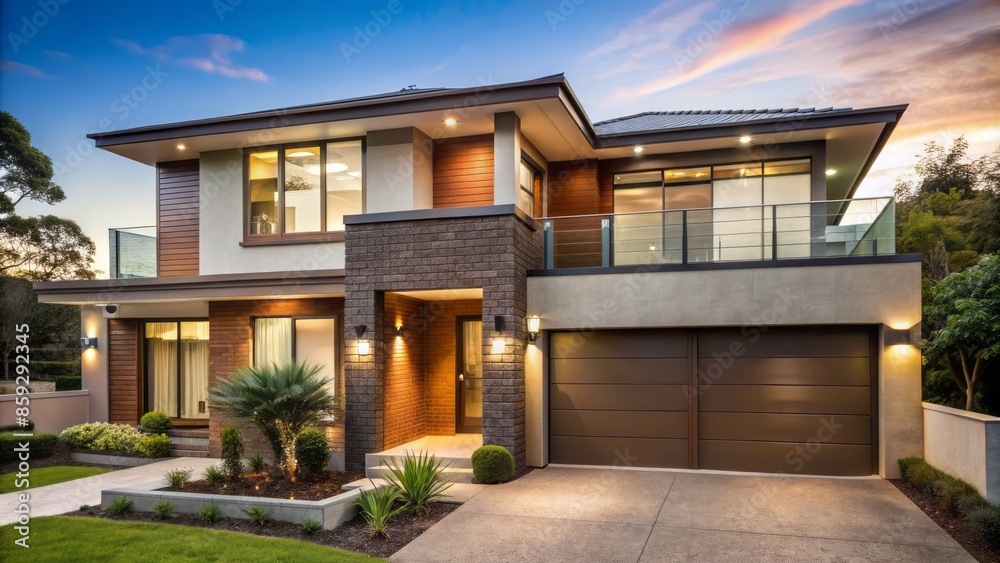 Fototapeta premium Contemporary suburban residence boasting bold, refined facade with warm earthy tones and meticulous attention to exterior architectural detail.