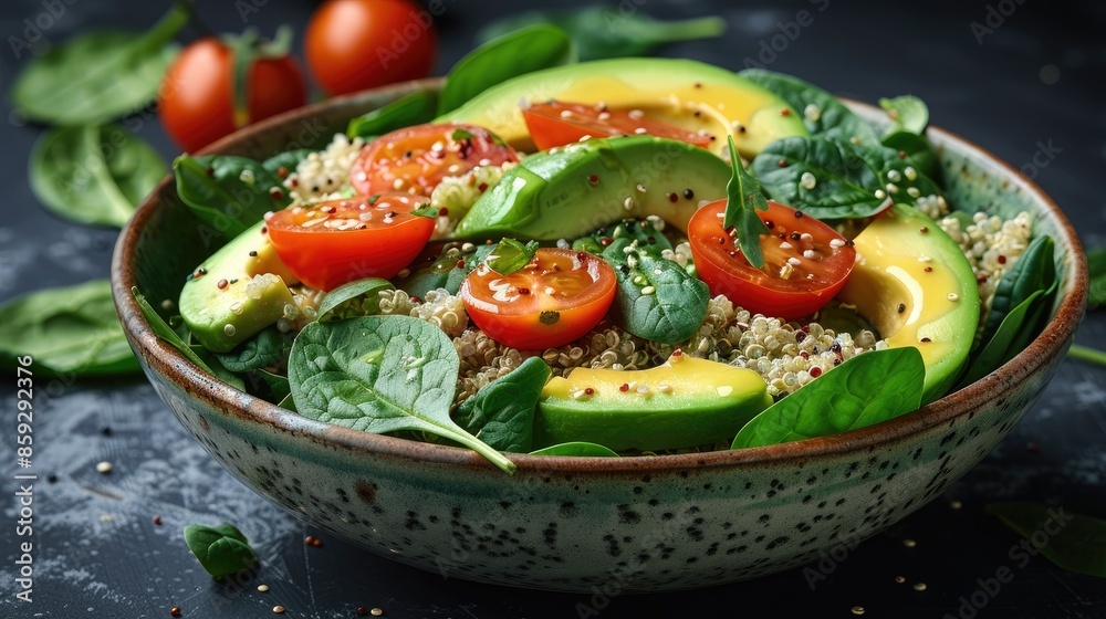 Quinoa salad with spinach, avocado and tomatoes top view Quinoa salad with spinach, avocado and tomatoes top view