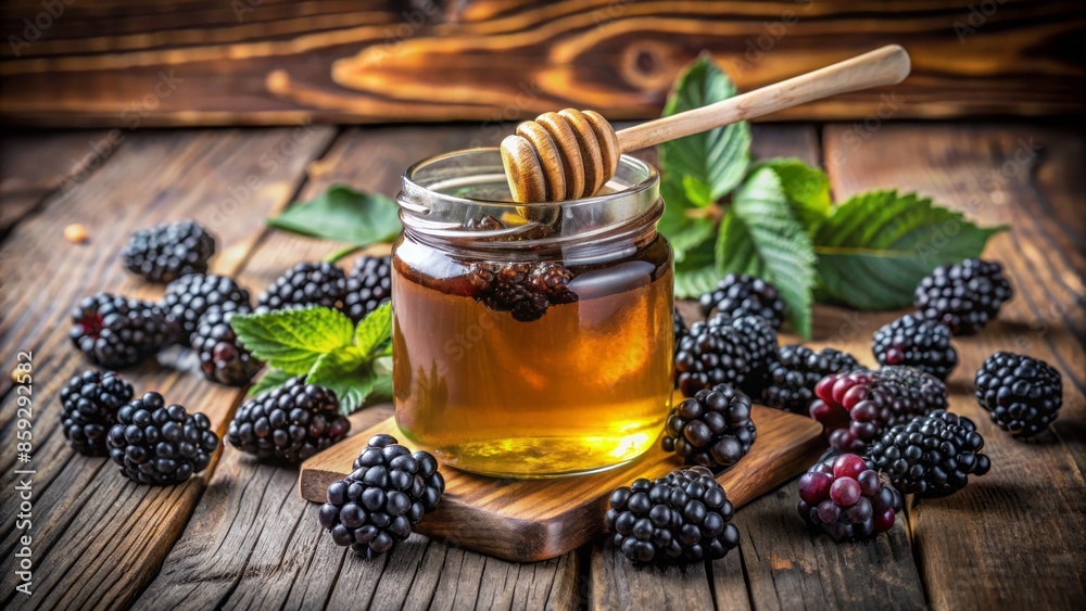 A rustic wooden table holds a clear glass jar overflowing with plump blackberries alongside a golden honey dipper. A rustic wooden table holds a clear glass jar overflowing with plump blackberries alongside a golden honey dipper.