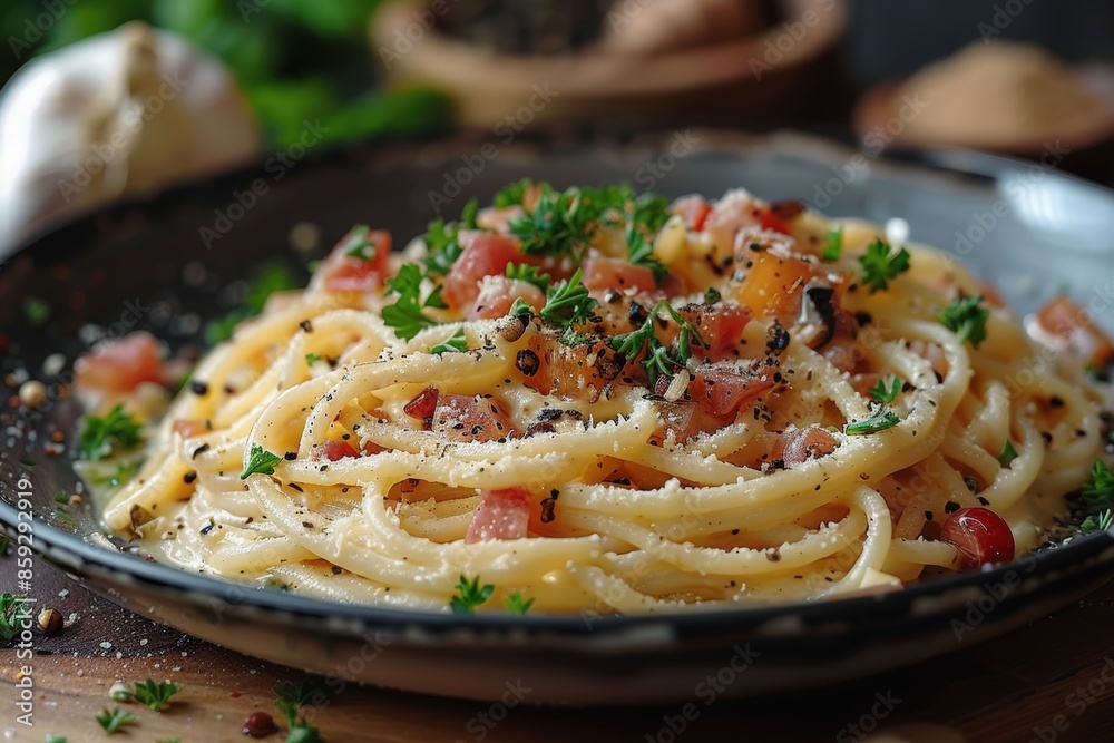 Tasty carbonara spaghetti, made with pasta, creamy sauce, eggs, cheese, pancetta, parsley, and Parmesan Tasty carbonara spaghetti, made with pasta, creamy sauce, eggs, cheese, pancetta, parsley, and Parmesan